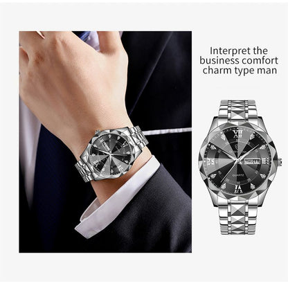 Men Watch Water Diamond Luxury Night Glow Double Calendar Quartz Movement 41mm Blue Gold Stainless Steel Fashion Business Watch