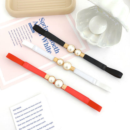 Creative Pearl Buckle Belt PU Leather Dress Skirt Waist Elastic Thin Women Belts High Quality Stretch Cummerbunds Ladies Waistband Women's Fashion Accessories