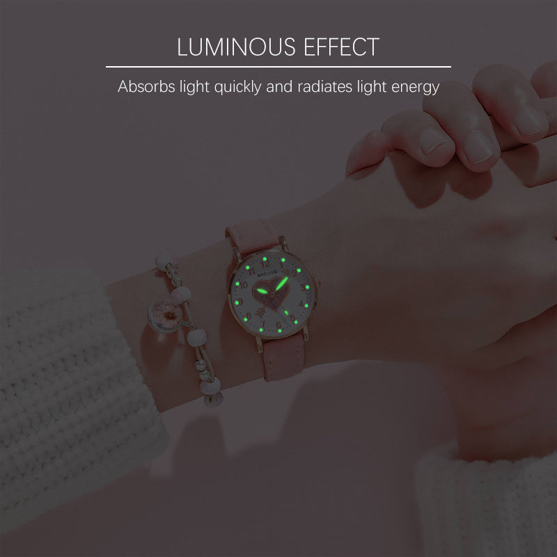 Ladies Watches Hearts Quartz Watch Back Light Watch Diamond-studded Luminous Casual Leather Belt Watches Simple Ladies Exquisite Small Dial Quartz Clock Dress Wristwatches Gift For lady