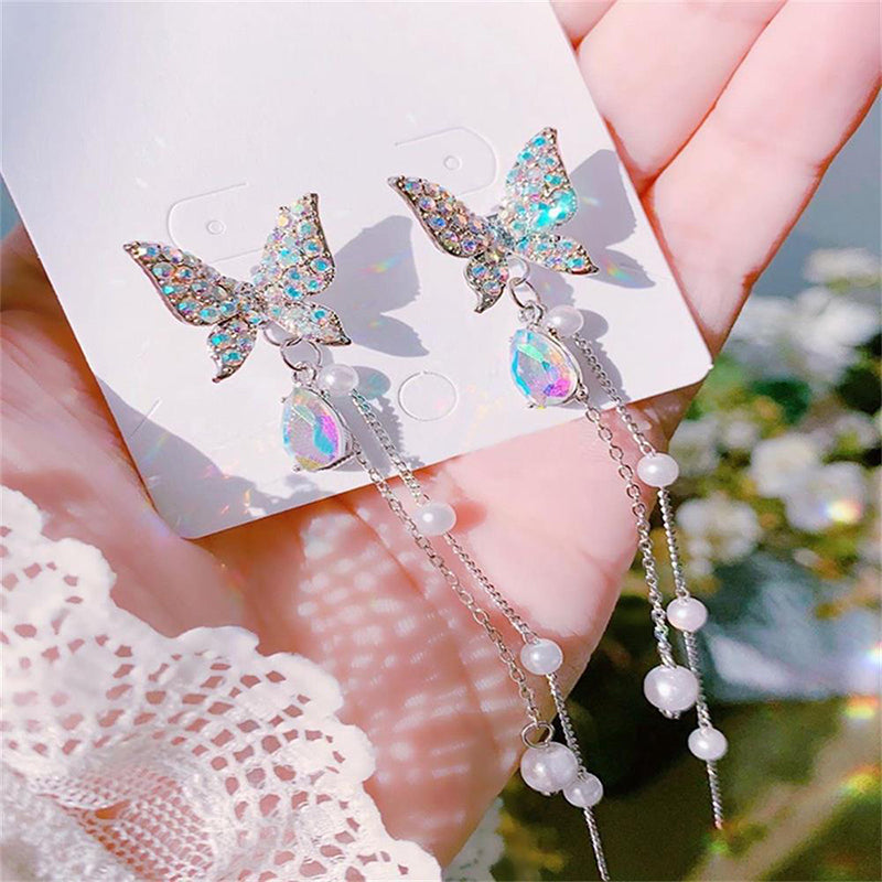 2024 Fashion Jewellerys 1 Pair Shiny Butterfly Rhinestone Drop Dangle Earrings Women Elegant Long Pearl Tassel Chain Pendant Party Jewelry Earrings Jewelry for Teen Girls Gift Spring Earrings Gifts