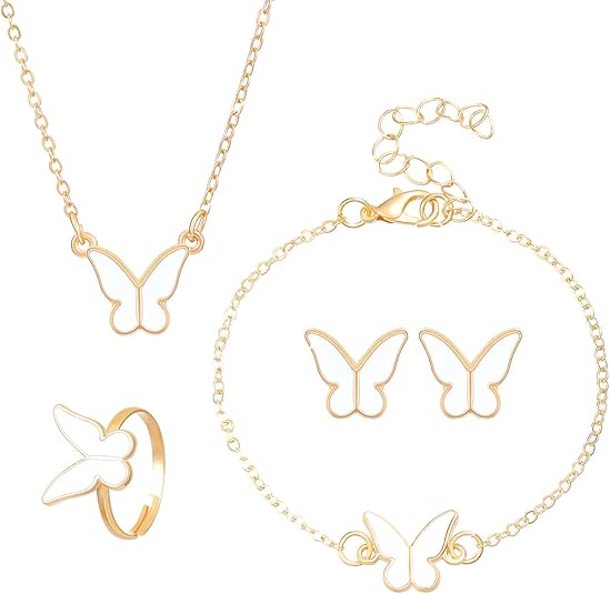 UPHUI 5-piece Women's Jewelry Set Earrings Necklaces Bracelets Rings Fashion Butterfly Jewelry Set Women's Butterfly Jewelry Couple Gifts
