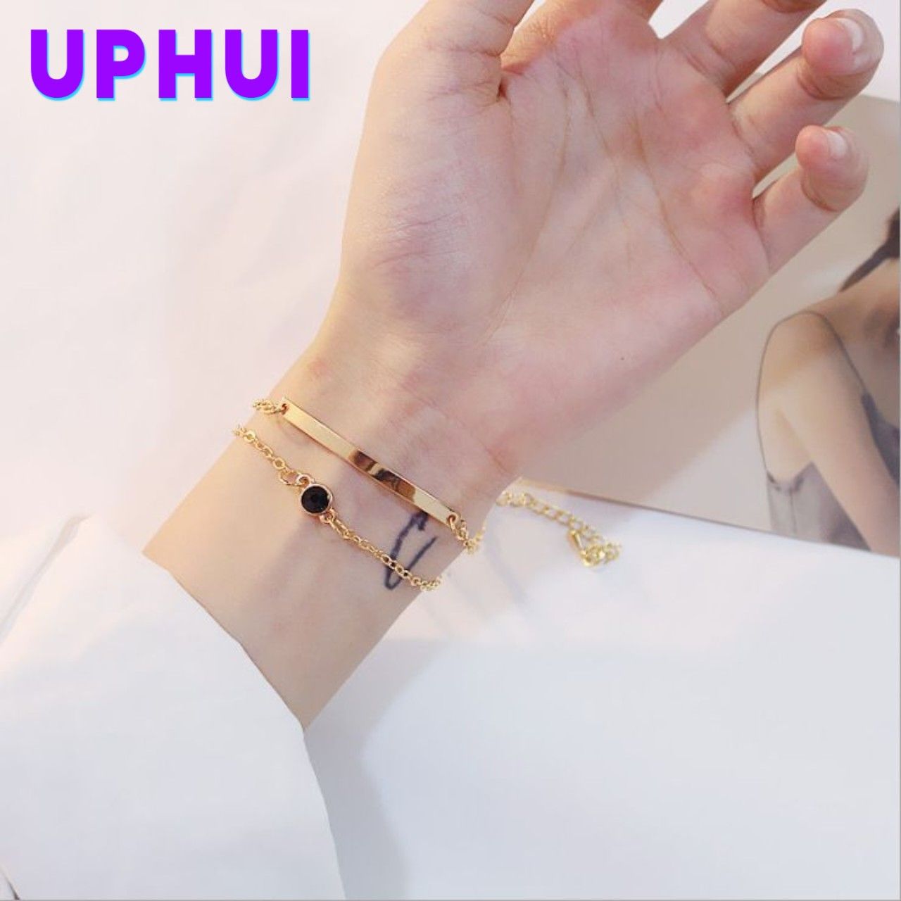 UPHUI Bracelet Design Wrapped Double Layered Wearing Personality Elegant Simple Fashion Bracelet Double Layered Design Geometric Bracelet Temperament Female Daily Wearing Students