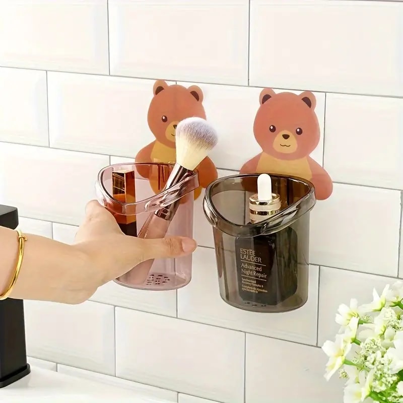 3pc Toothbrush Holders Cup Holders Storage Rack Bear Mug Household Punch-free Traceless Adhesive Suitable For Bathroom