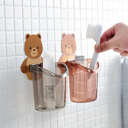 3pc Toothbrush Holders Cup Holders Storage Rack Bear Mug Household Punch-free Traceless Adhesive Suitable For Bathroom