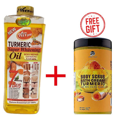 2 Pack Turmeric Body Oil 1000ml + Body Scrub 550g Super Whitening Skin Repair Anti-Aging Removes Wrinkles Dark Spots & Smooths Clears Knuckles PornThap Premium Organic Exfoliating Body Scrub