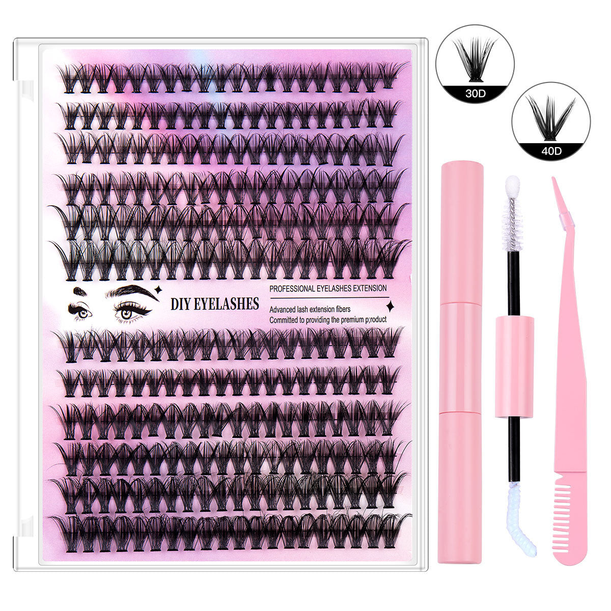 DIY Sectional 30D+40D False Eyelashes 12 rows with large capacity glue tweezers set eyelashes combination 30D+40D+ Pink double-head glue + pink tweezers