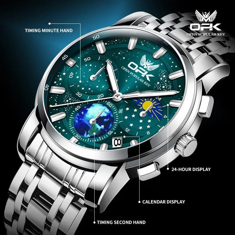 OPK Quartz Watches for Men Starry Sky Display Moon phase Multifunctional Stainless Steel Waterproof Luxury Mens Watch
