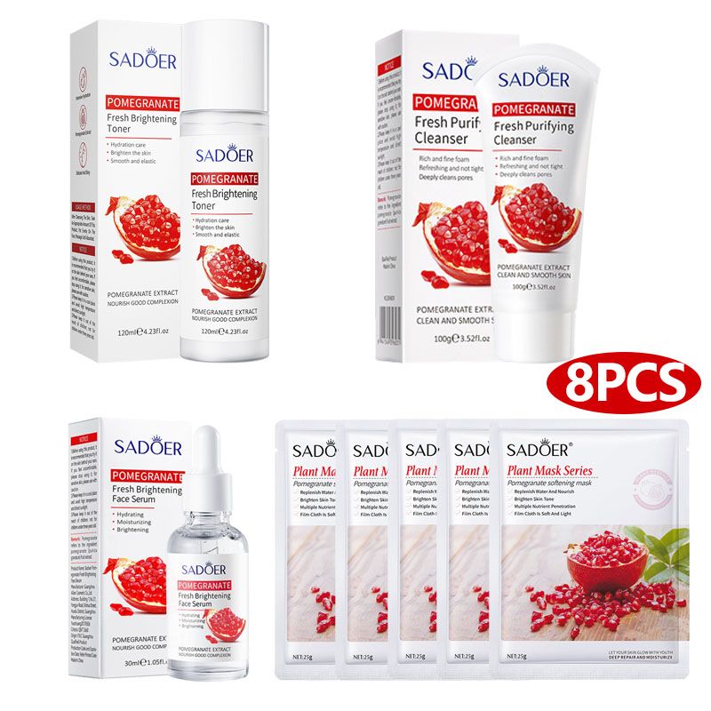 SADOER 8PCS Skin Care Set Pomegranate Fresh Whitening Brightening Face Toner + Face Cleanser + Face Serum + 5PCS Face Mask