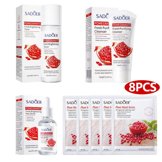 SADOER 8PCS Skin Care Set Pomegranate Fresh Whitening Brightening Face Toner + Face Cleanser + Face Serum + 5PCS Face Mask