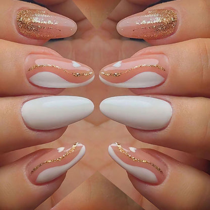 Valentine's Day long almond shaped platinum line nail art French white border wave leopard print gold powder wearing nail art heart-shaped nail art sheet