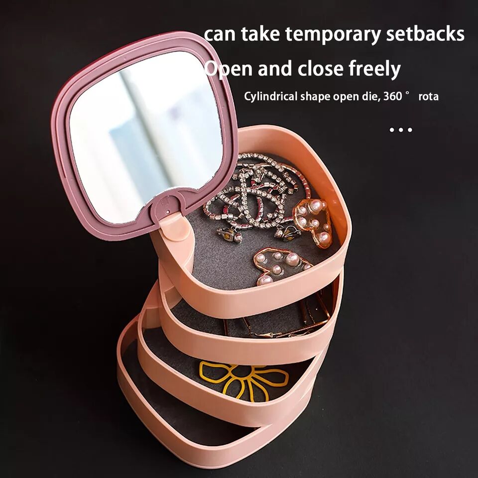 Four-layer Rotating Jewelry Box with Makeup Mirror Desktop Earrings Earrings Ring Jewelry Storage Box Tray Gifts Sales