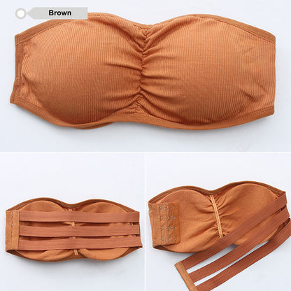 Women Strapless Ruched Push Up Bra Padded Hollow Out Backless Wireless Underwear Bandeau Thread Ribbed Adjustabable Bralette Lingerie