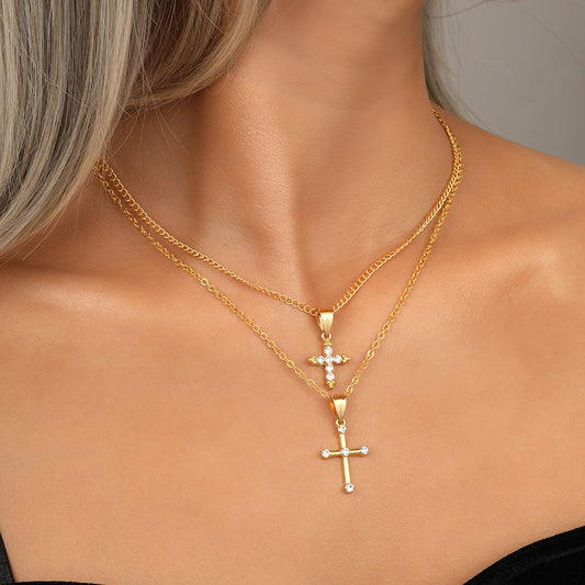 European And American New Exaggerated Personality Full Diamond Cross Pendant Chain Collarbone Chain Necklace Double Stacked Necklace
