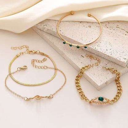 4PCS Bracelets For Women Retro Inlaid With Green Diamonds Bracelet Vintage Chain Link Adjustable Women Jewelry Set Jewelry Gift for Girls