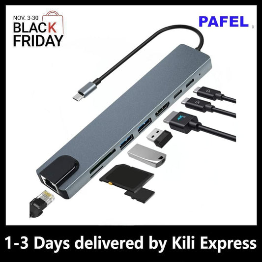 PAFEL 8-in-1 USB C HUB Type C to HDMI Adapter Type-c to USB 3.0 RJ45 Ethernet Micro SD Card Reader USB C PD Charging Multiport Hubs