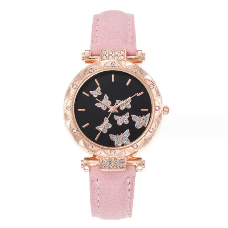 5-Piece Women's Watch Bracelet Necklace Ring Earrings Set Fashion Personality Simple Watch Butterfly Quartz Leather Watch