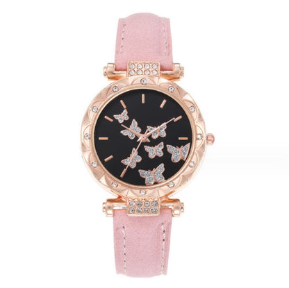 5-Piece Women's Watch Bracelet Necklace Ring Earrings Set Fashion Personality Simple Watch Butterfly Quartz Leather Watch