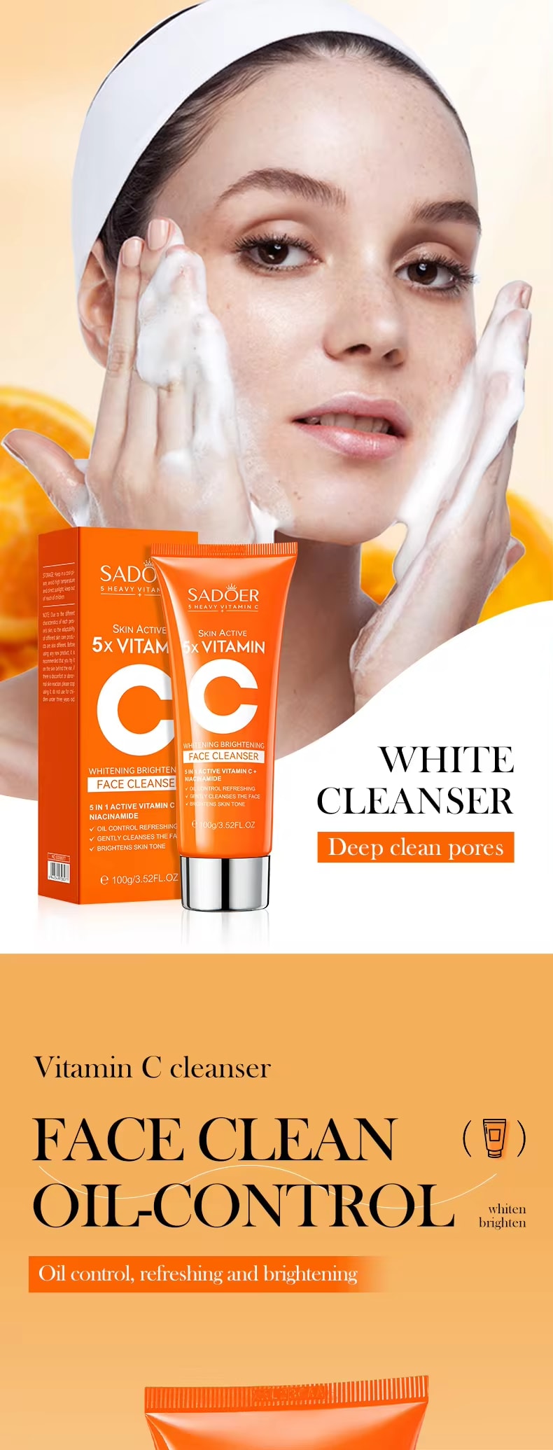 Sadoer 2 in 1, Skin Active 5 X Vitamin C Serum + Vitamin C Face Cleanser + with Added Niacinamide for Whitening Black Spots and Blemisshes, Deep Moisturizing, Skin Nourishing