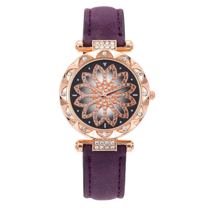 Popular Fashion 5 Set Pink Women Watch Ring Necklace Earrings Bracelet Set Watches Luxury Crystal Butterfly Leather Strap Ladies Quartz WristWatch (With Box)