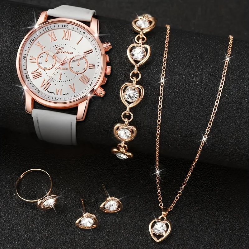 6PCS Fashion Women's Quartz Watch Leather Band Analog Wrist Watches Heart Rhinestone Jewelry Set