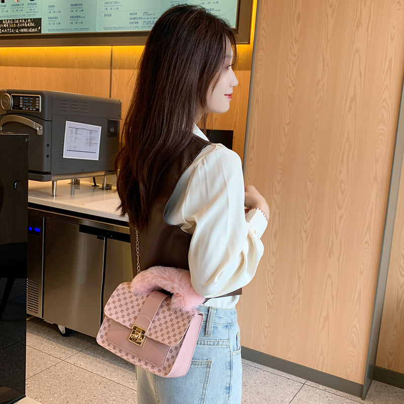 Tote Bags Women's Bag Autumn And Winter New Round Dot Small Square Bag Fashionable And Simple Diagonal Cross Bag Single Shoulder Bag Plush Handbag