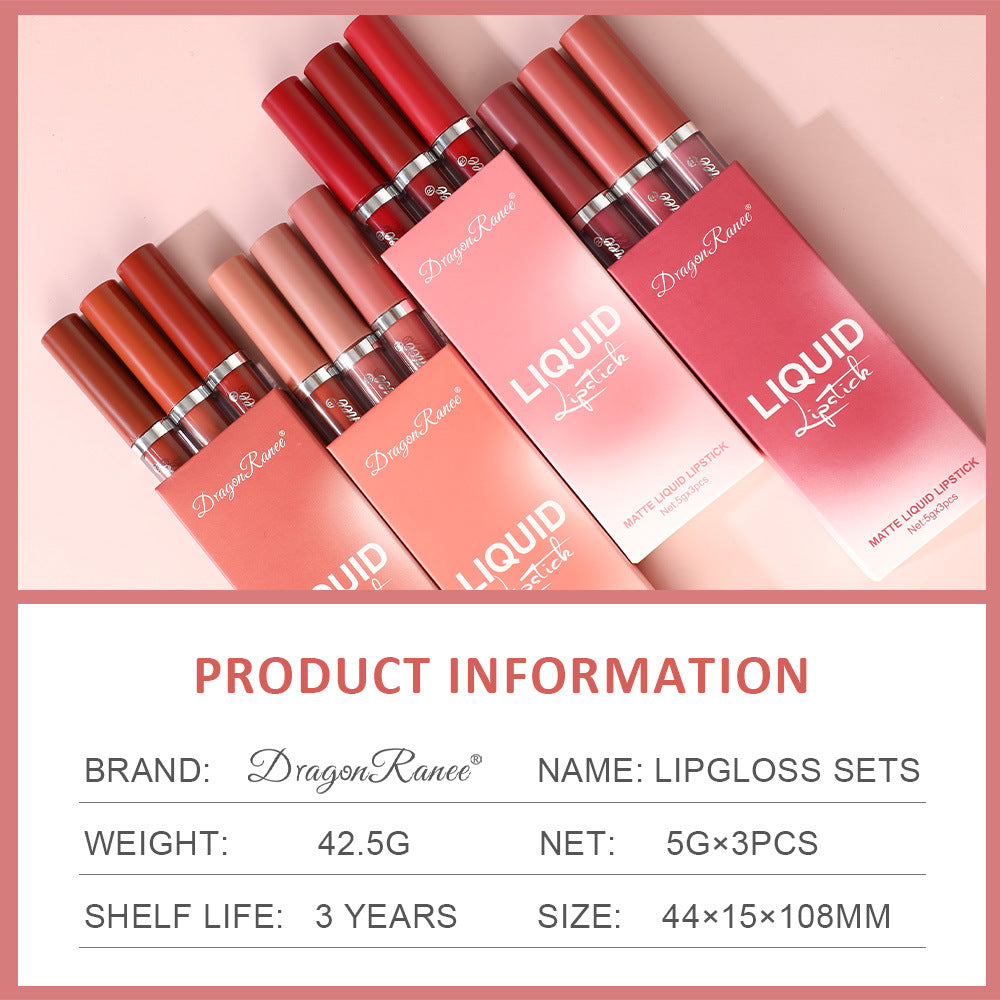 3Pcs Liquid Lipstick Set Matte Velvet Lip Gloss Bean Paste Lip Glaze Moisturize Long Lasting Lip Tint Makeup Cosmetic Kit