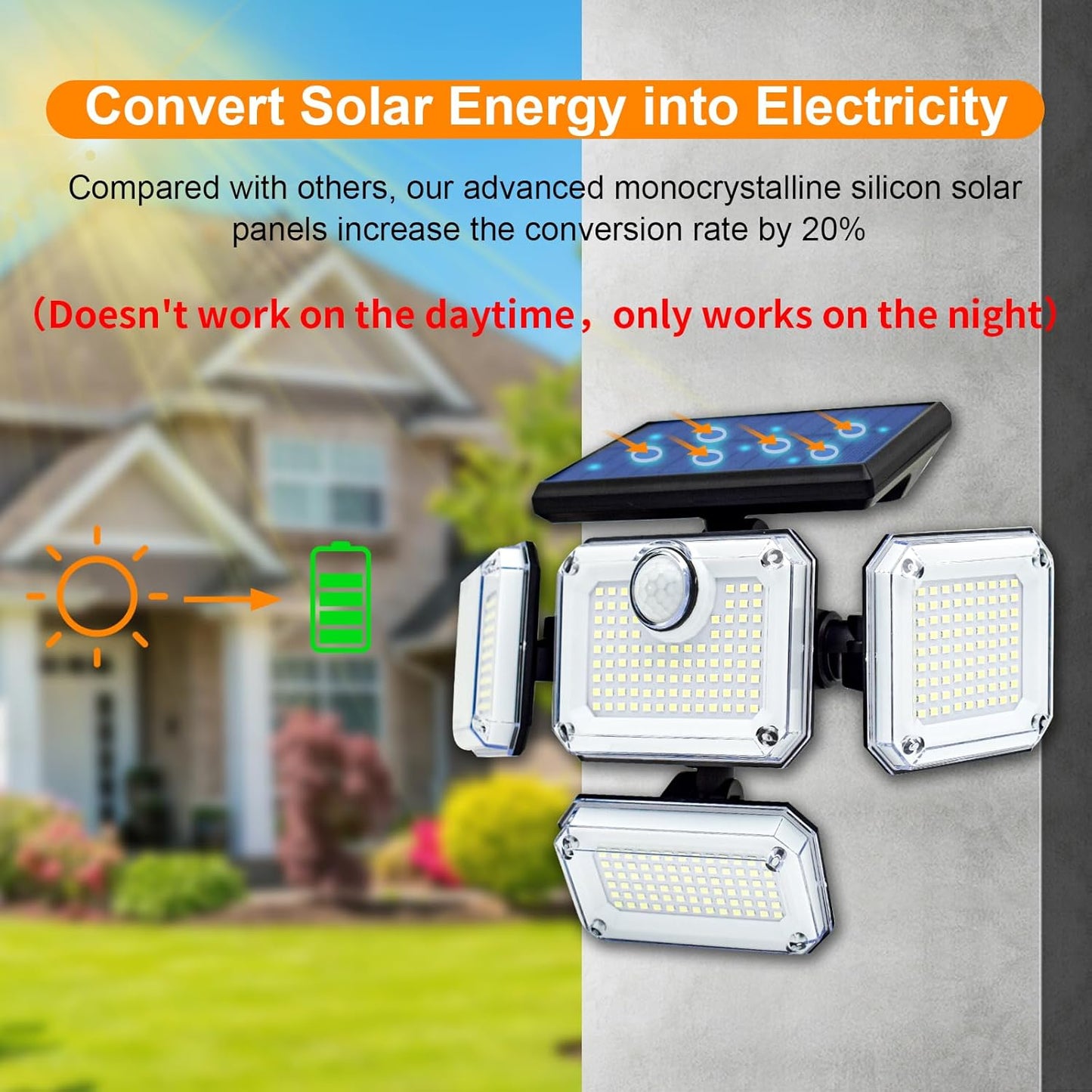 Solar Wall Lamp, 4-Head Solar Power Light, 333 LED Solar Light, Wireless Flood Lights Outdoor，3000 Lumens, 6500K, Motion Sensor, IP65 Waterproof, 270° Lighting Range for Street, Garden, Pathway