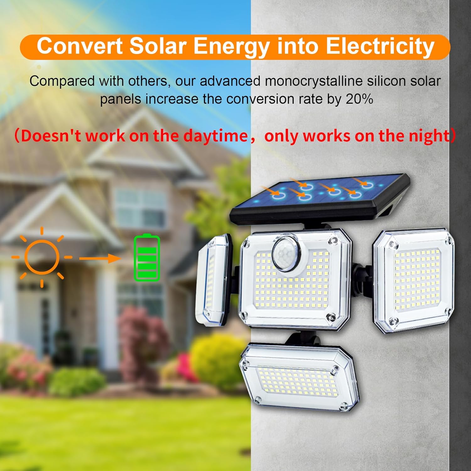 Solar Wall Lamp, 4-Head Solar Power Light, 333 LED Solar Light, Wireless Flood Lights Outdoor，3000 Lumens, 6500K, Motion Sensor, IP65 Waterproof, 270° Lighting Range for Street, Garden, Pathway