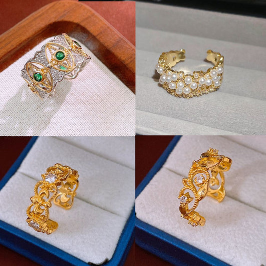 Diamond studded simple and fashionable wide face ring, retro palace style index finger ring, light luxury and high-end feel bracelet