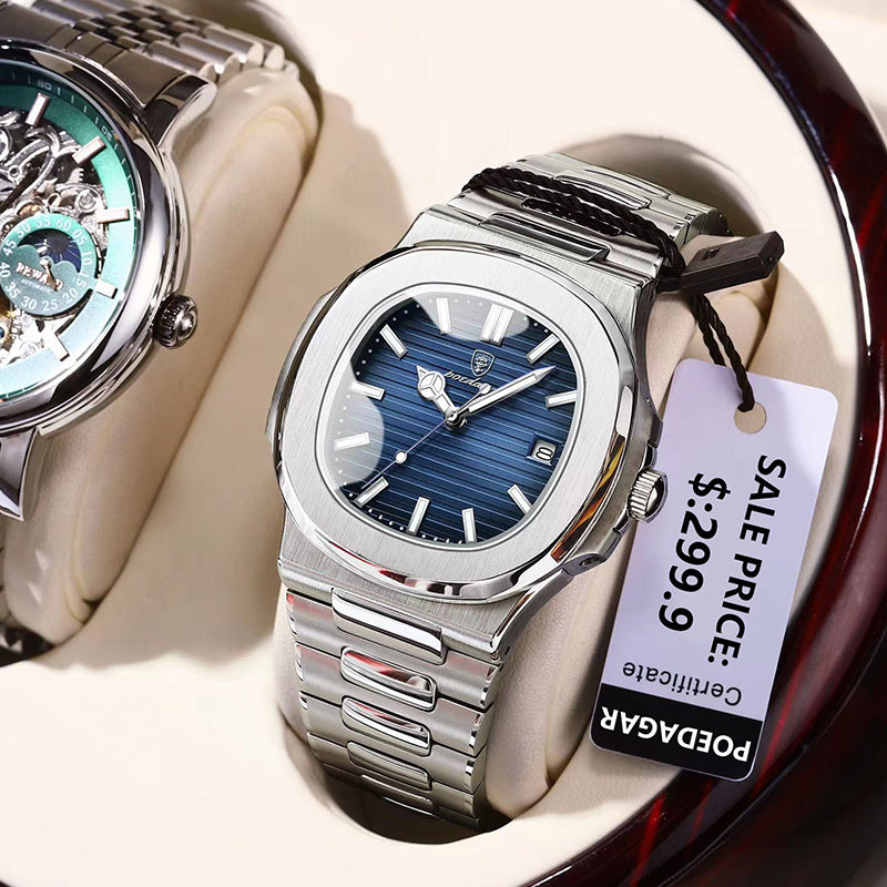POEDAGAR Luxury Watch Business Waterproof Male Clock Luminous Date Stainless Steel Square Quartz Men Watch