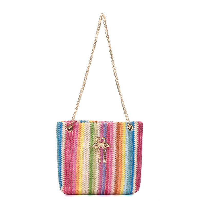 Trend Rainbow Woven Tote Bag Women's Shoulder Bag Simple contrast color swan decorative tote bag