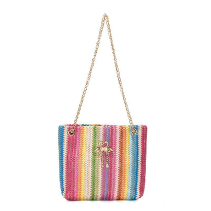 Trend Rainbow Woven Tote Bag Women's Shoulder Bag Simple contrast color swan decorative tote bag