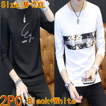 2PC Size M -2XL white+black men's short sleeve clothing boys casual round neck T-shirt youth tops students half sleeve slim clothes