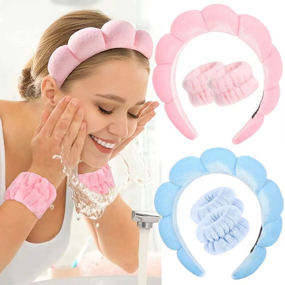 3pc set Spa Headband and Wristbands for Washing Face/makeup Absorbent Sponge and cuff Headband for Women's skin care routine Head band and Wrist bands pack