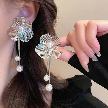 Silver Needle Fashion Earrings Long Fringe Pearl Hollow Big Flower Long Dangle Exaggerated Bohemian Earrings Women