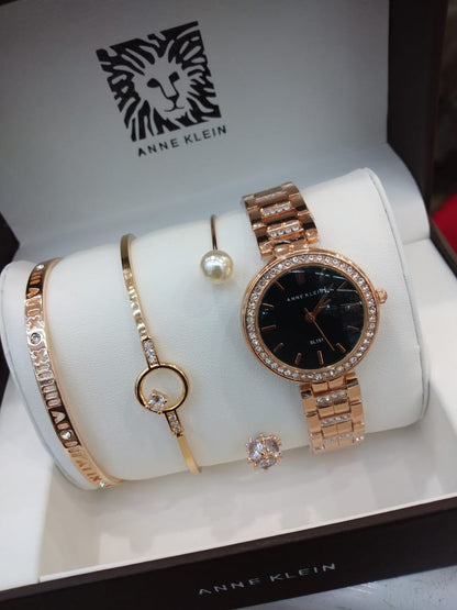 Anne Klein Watch Set – Elegant Quartz Watch & Bracelet Bundle with Crystal Accents, Mother-of-Pearl Dial, Jewelry Clasps & Splash-Resistant Design for Timeless Style