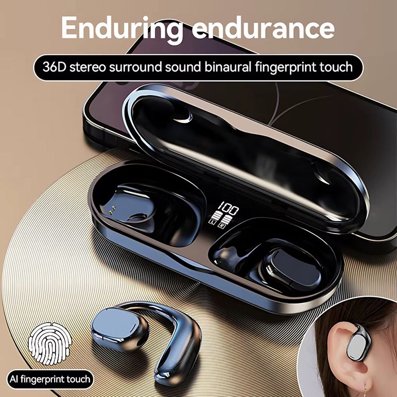 Wireless Bluetooth Earphone Bone Conduction Headphones Sports Earbud Ear-hook Waterproof Noise Reduction Earpods Display Touch Control Game Earpiece with Charging Case