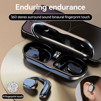 Wireless Bluetooth Earphone Bone Conduction Headphones Sports Earbud Ear-hook Waterproof Noise Reduction Earpods Display Touch Control Game Earpiece with Charging Case