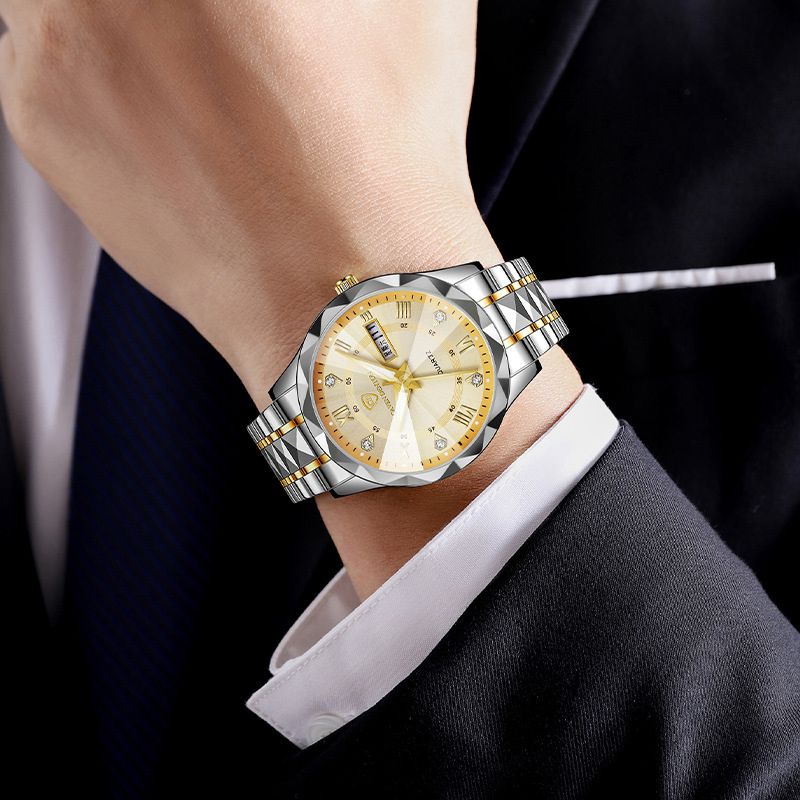 Men Watch Water Diamond Luxury Night Glow Double Calendar Quartz Movement 41mm Blue Gold Stainless Steel Fashion Business Watch