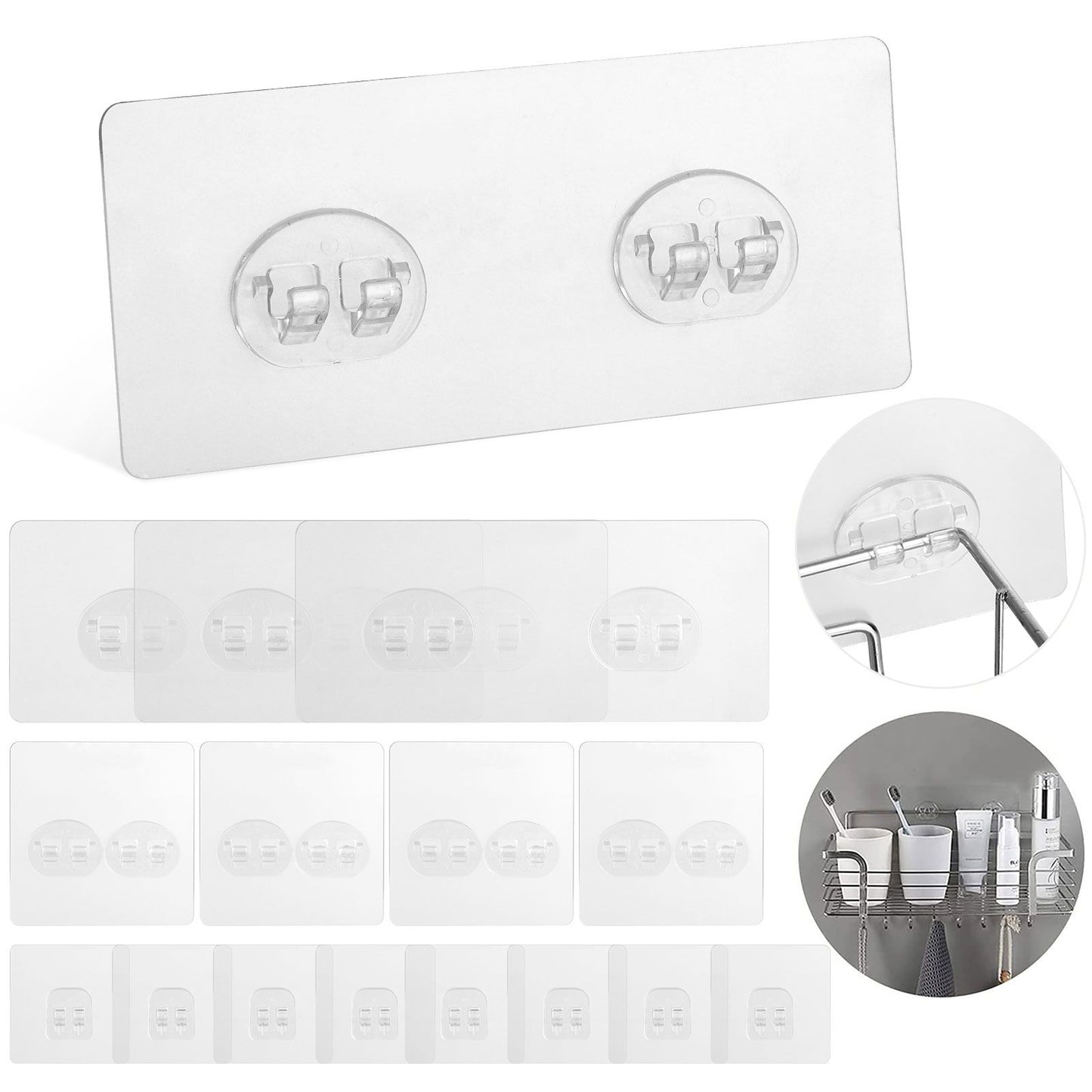 16pcs Shower Caddy Adhesive Hooks, Waterproof Adhesive Hooks Mount Replacement, No Drilling Sticky Hanging Hook(8pcs 7x7cm+4pcs 8x8cm+4pcs 14x6cm)