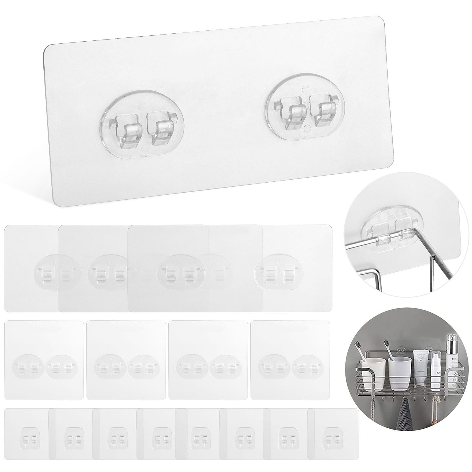 16pcs Shower Caddy Adhesive Hooks, Waterproof Adhesive Hooks Mount Replacement, No Drilling Sticky Hanging Hook(8pcs 7x7cm+4pcs 8x8cm+4pcs 14x6cm)