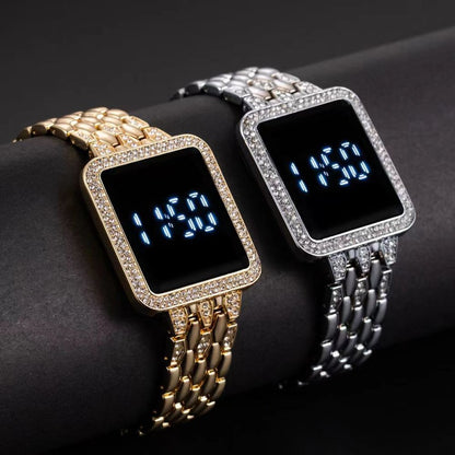 Square diamond inlaid led simple steel band watches touch wrist watch for man and women casual fashion trend electronic watchs