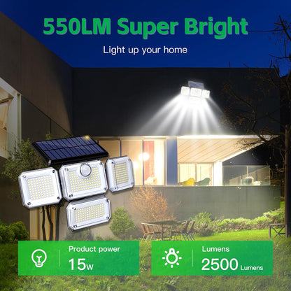 Solar Wall Lamp, 4-Head Solar Power Light, 333 LED Solar Light, Wireless Flood Lights Outdoor，3000 Lumens, 6500K, Motion Sensor, IP65 Waterproof, 270° Lighting Range for Street, Garden, Pathway