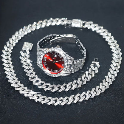 3pcs Men's Watch Set Necklace+Watch+Bracelet Rapper Cuban Chain For Men African Full Iced Out Watch, Jewelry Inlay Diamond Watch Big Chains Hip Hop With Strap Adjuster Stylish Jewelry Gift Set
