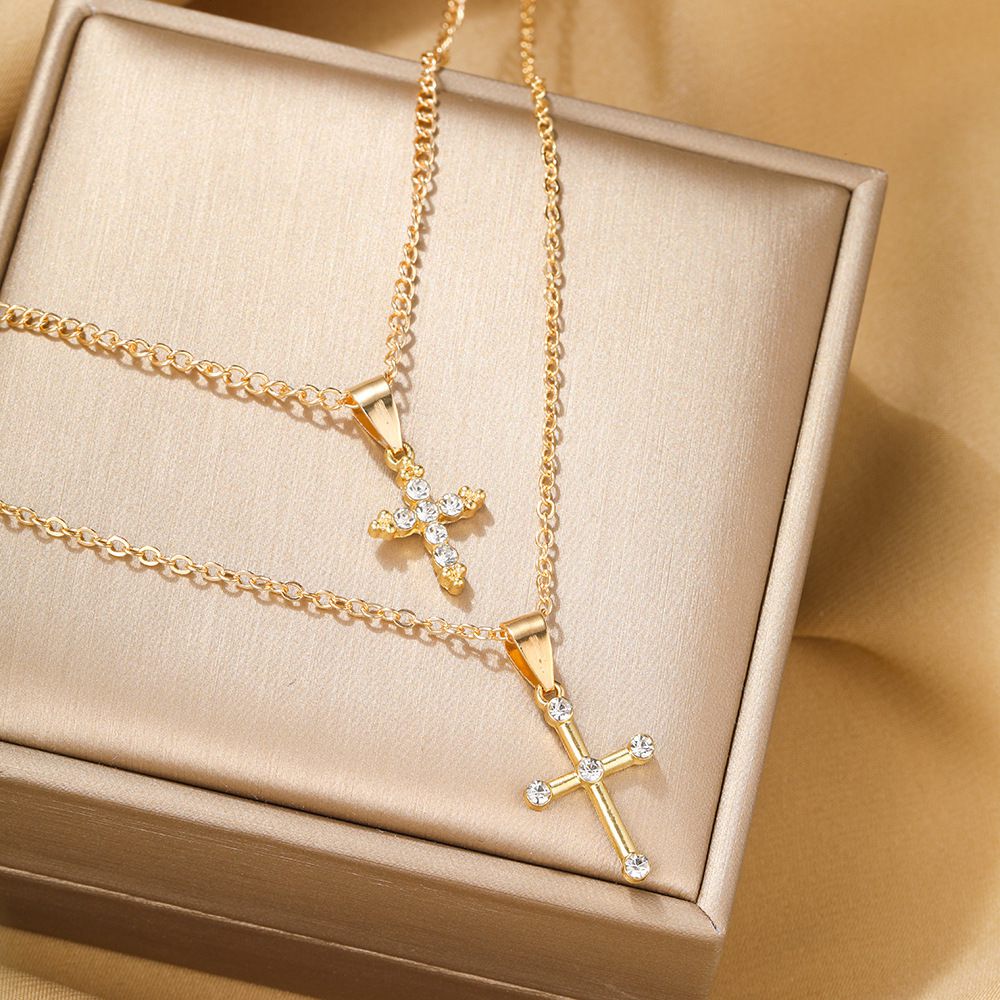 European And American New Exaggerated Personality Full Diamond Cross Pendant Chain Collarbone Chain Necklace Double Stacked Necklace