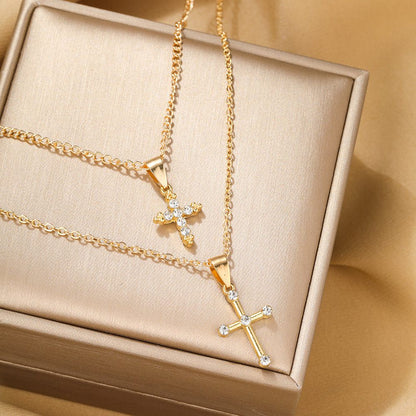 European And American New Exaggerated Personality Full Diamond Cross Pendant Chain Collarbone Chain Necklace Double Stacked Necklace