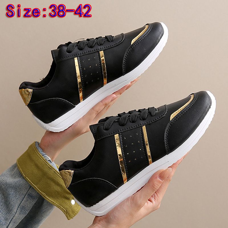 Size 38-42 women's PU artificial leather shoes students black shoes ladies running shoes girls board shoes athletic flat fashion casual sports shoes black golden