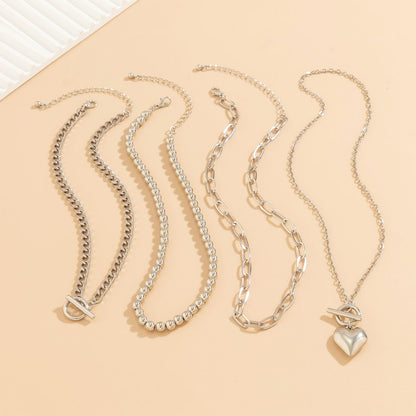 Hip hop bead necklaces women's set geometric OT buckle short metal heart necklace