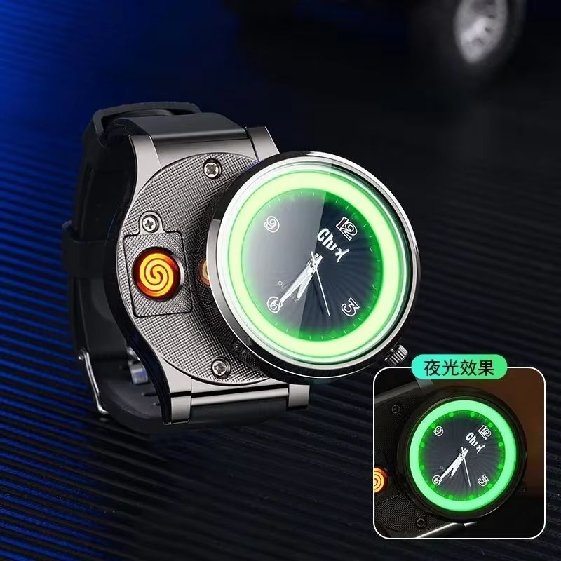 2 in 1 Men's Watch Windproof Cigarette Lighter Luminous Quartz Watch Tungsten Lighter USB Charging Boys Sports Watch Cigarette Lighter Gift