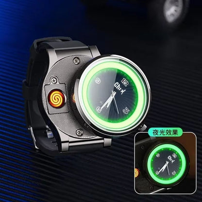 2 in 1 Men's Watch Windproof Cigarette Lighter Luminous Quartz Watch Tungsten Lighter USB Charging Boys Sports Watch Cigarette Lighter Gift